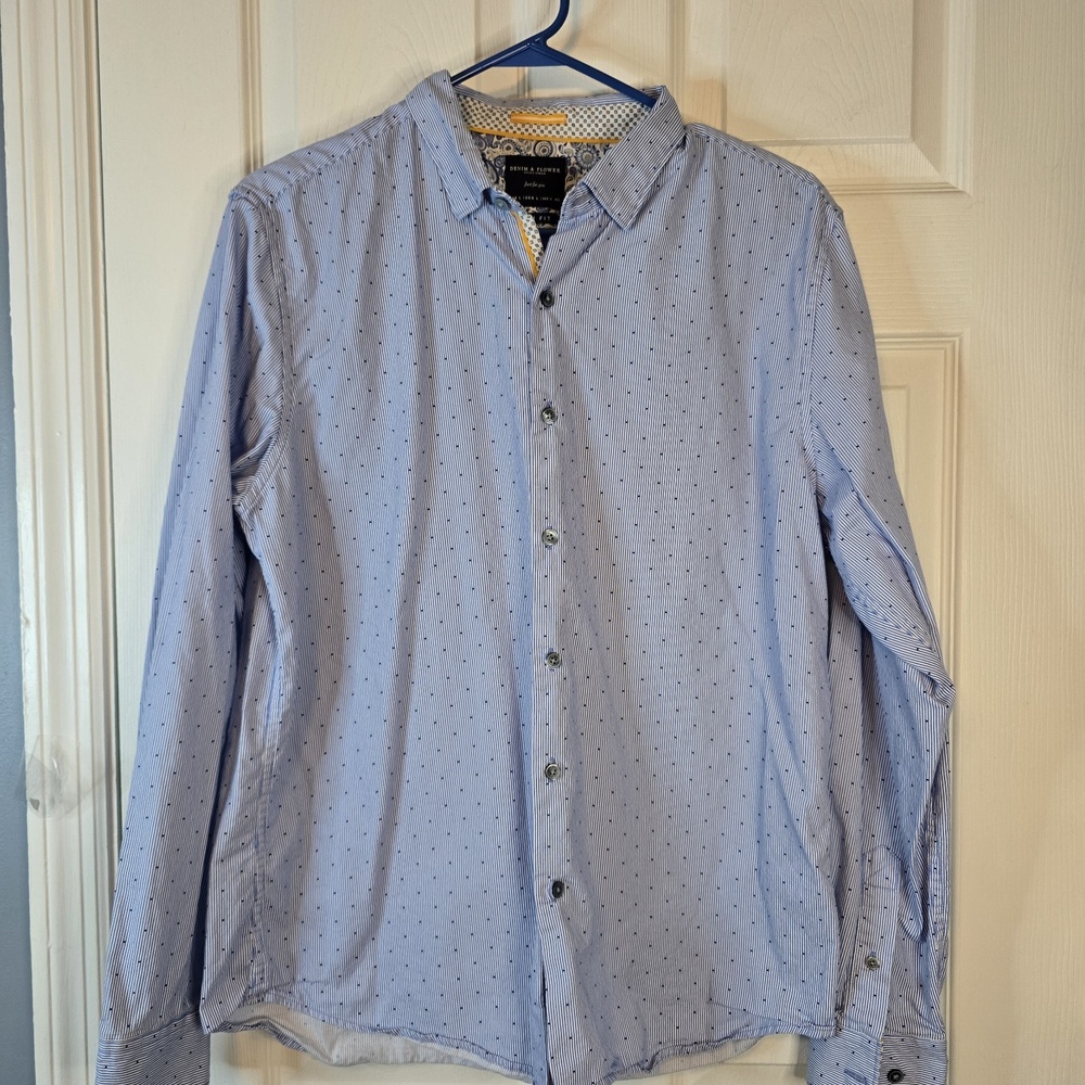 Denim & Flower Ricky Singh Shirt Mens Large Pinstripe‎ W/ DotsButton Up Slim Fit